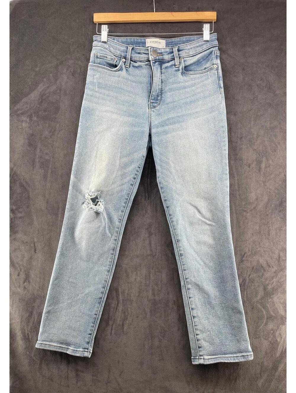 Evereve The Ever Straight Jeans Women Size 28‎ High Rise Distressed Light Wash